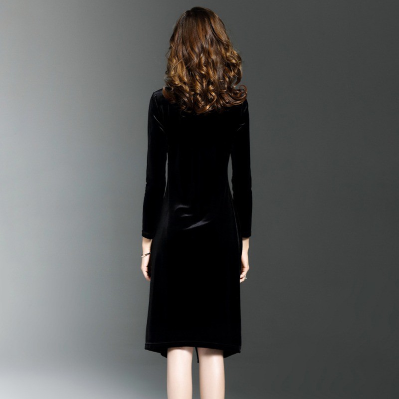 [Baywellfashion]Women Autumn Winter Simple Wild V Neck Solid Color Gold Velvet Sexy Slim Long Sleeve Split Dress | BigBuy360 - bigbuy360.vn