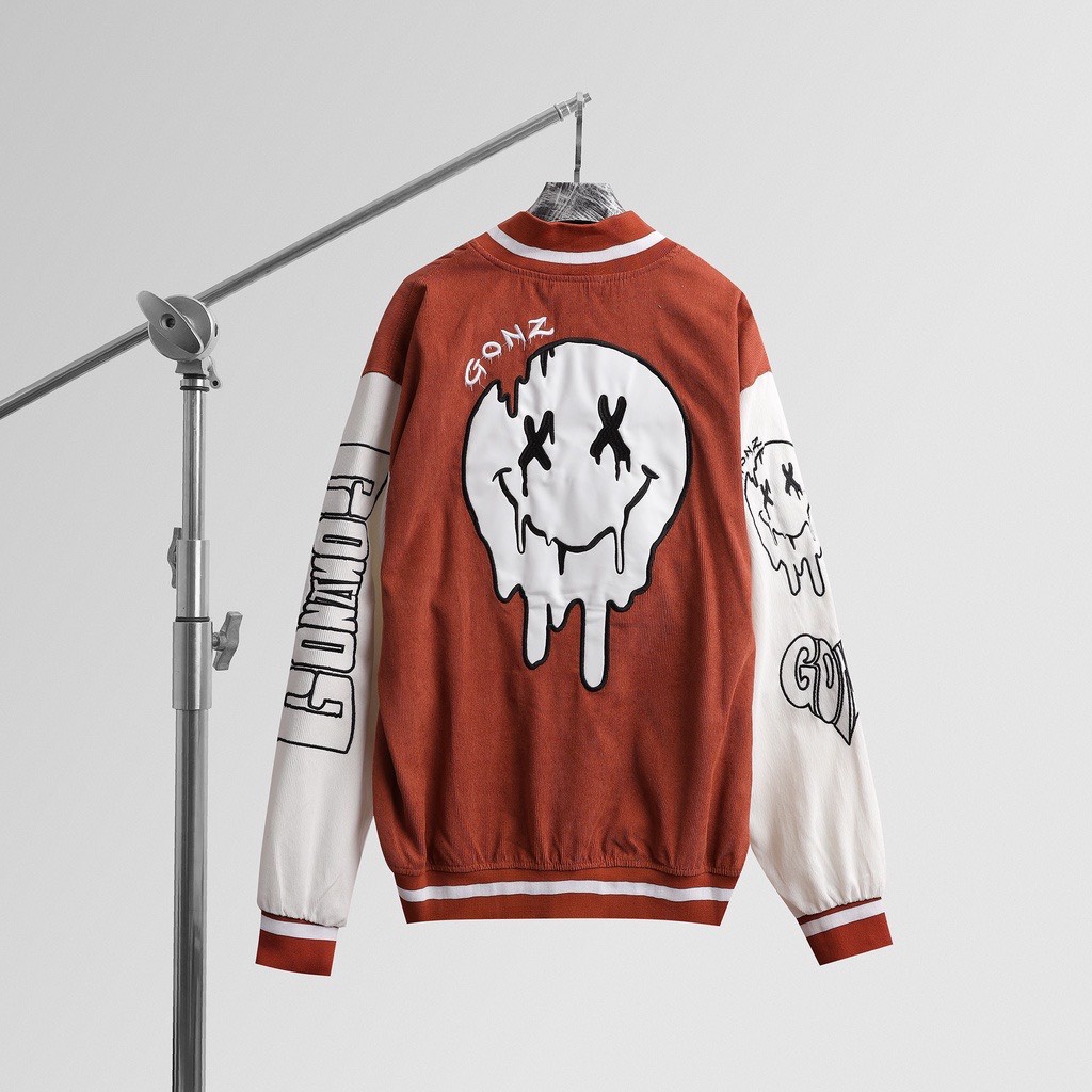 Áo bomber varsity jacket Unisex Form rộng nhung tăm 2 lớp - Áo khoác nam nữ Gonz Bóng chày màu xám, cam, đe