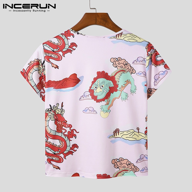 Áo thun INCERUN ngắn tay dáng ôm in họa tiết rồng thời trang cho nam