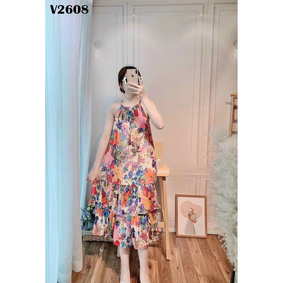 (Hot summer )Váy hoa xòe tầng cổ yếm chất lụa cao cấp lên dáng đảm bảo xinh sang xịn