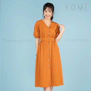 Váy cổ V màu cam đất siêu đẹp, đầm tiểu thư cao cấp phong cách Hàn Quốc