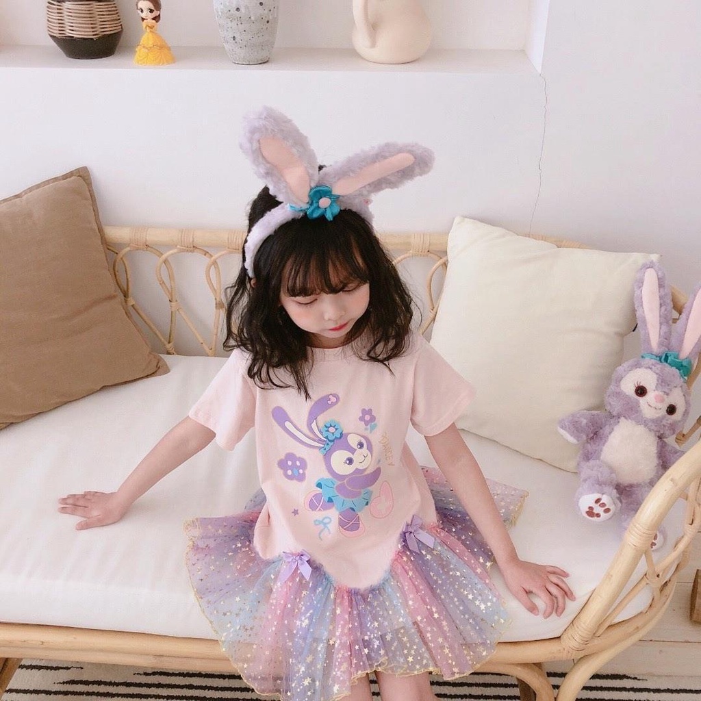 Đầm Cotton Ngắn Tay Phối Lưới Màu Cầu Vồng Họa Tiết Hoạt Hình Cho Bé Gái