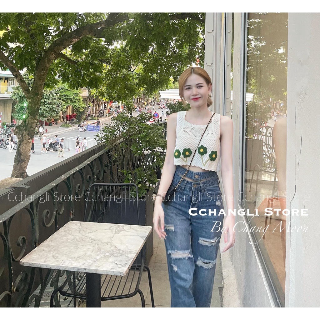 Áo 2 dây to len đan móc quảng châu thêu hoa