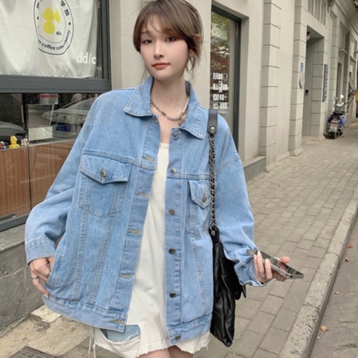 ZHELIHANGFEI Áo Khoác Denim Tay Dài Có Cổ Form Rộng Dễ Phối Đồ