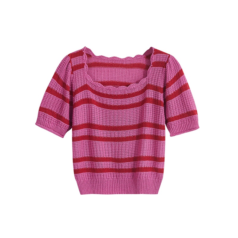 Áo thun ZHELIHANGFEI tay ngắn cổ vuông họa tiết kẻ sọc ngang dáng ôm dễ phối đồ