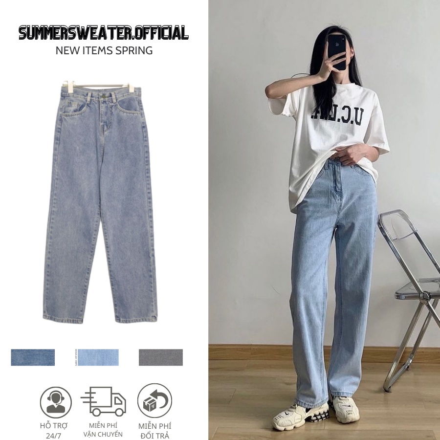 Quần Jean Nữ Dáng Suông Baggy Cạp Lưng Cao Trơn Chất Bò Dày Dặn