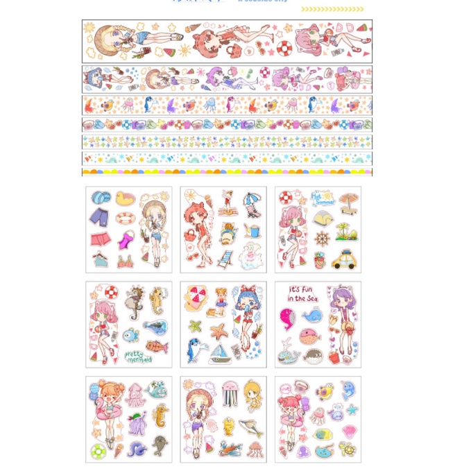 Set 7 cuộn băng dính và 9 miếng dán sticker trang trí đồ dùng cá nhân hoạt hình Chibi siêu xinh BAG U SETSBD588