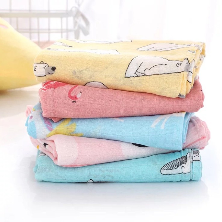 2 LỚP - Khăn Tắm Cho Bé Sợi Bông dày dặn đa năng Muslin swaddle cho bé kích thước 1m2x1m1