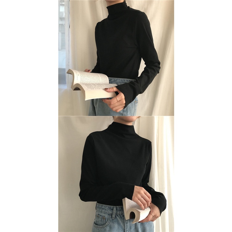 Áo thun tay dài cổ lọ màu đen dáng ôm thời trang thu đông cho nữ 2021