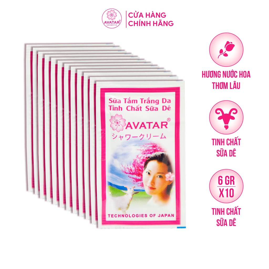 Sữa Tắm Sữa Dê Goat Milk Avatar Trắng Da Mịn Màng, Hương Nước Hoa Nhật Dây 12 Gói 6g (5ml)