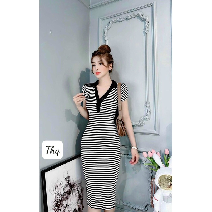 Váy body kẻ cổ bẻ siêu tôn dáng