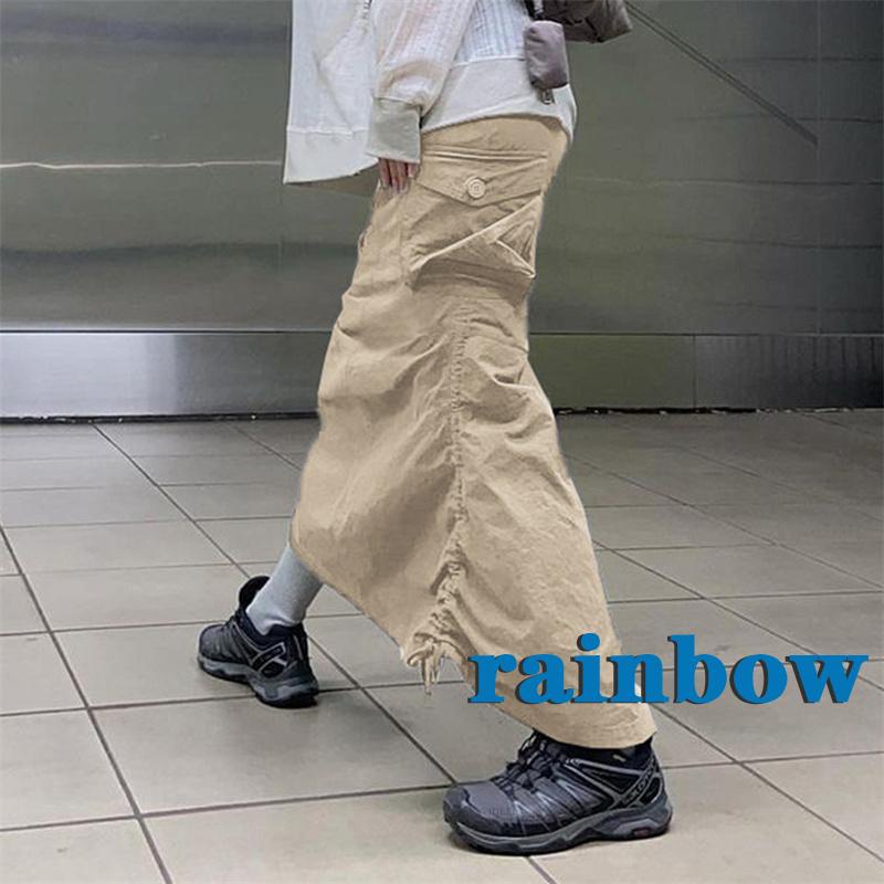 Chân Váy Midi Dài Thẳng Có Túi Màu Cầu Vồng 2K Phong Cách Harajuku Cổ Điển Đường Phố Cho Nữ