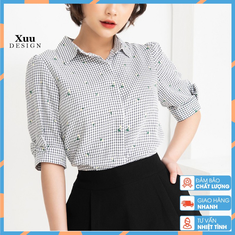 Áo sơ mi nữ công sở Xuu Design, Sơ mi kiểu nữ tay lỡ phối nơ chất Kate [BS07 caro đen]