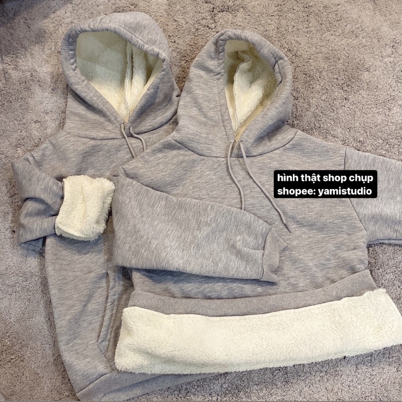 Hoodie trơn lót bông lông cừu siêu dày cho mẹ và bé (nam / nữ) màu xám