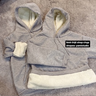 Hoodie trơn lót bông lông cừu siêu dày cho mẹ và bé (nam / nữ) màu xám