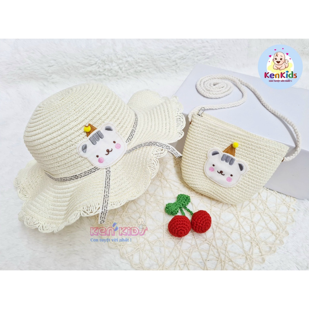 Set Nón mũ cói kèm túi xách hình động vật đáng yêu cho bé gái (2-6t)