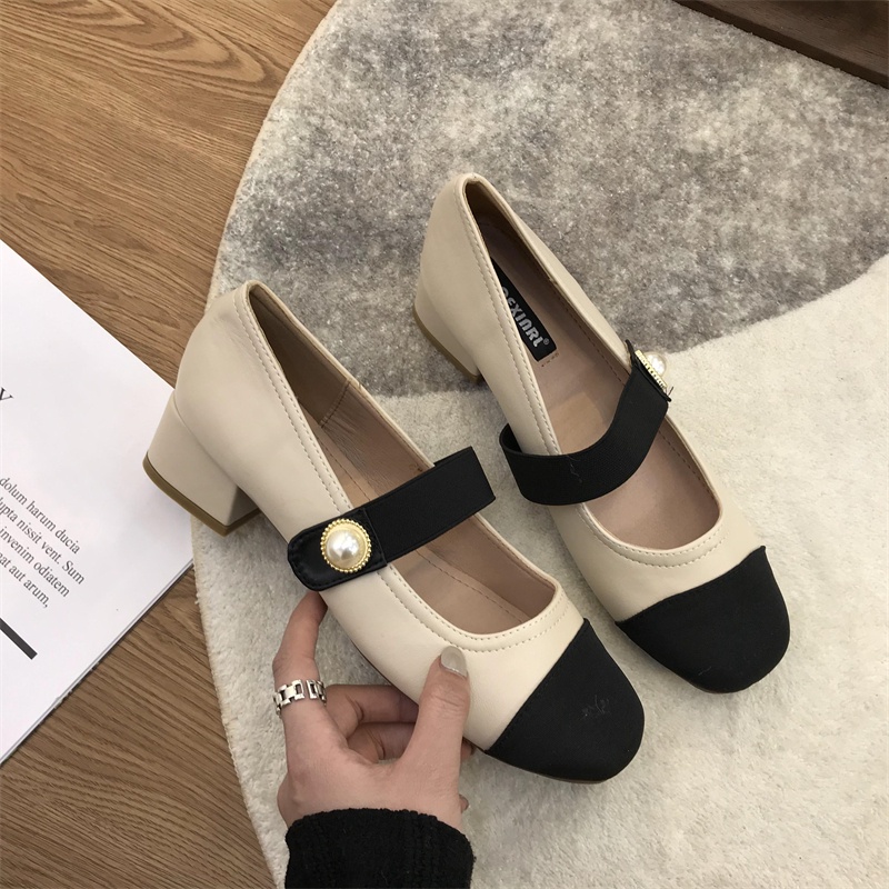 Giày Búp Bê Mũi Tròn Gót Dày Phối Dây Đính Ngọc Trai Thời Trang Pháp Màu Sắc Phù Hợp Cho Bạn Nữ