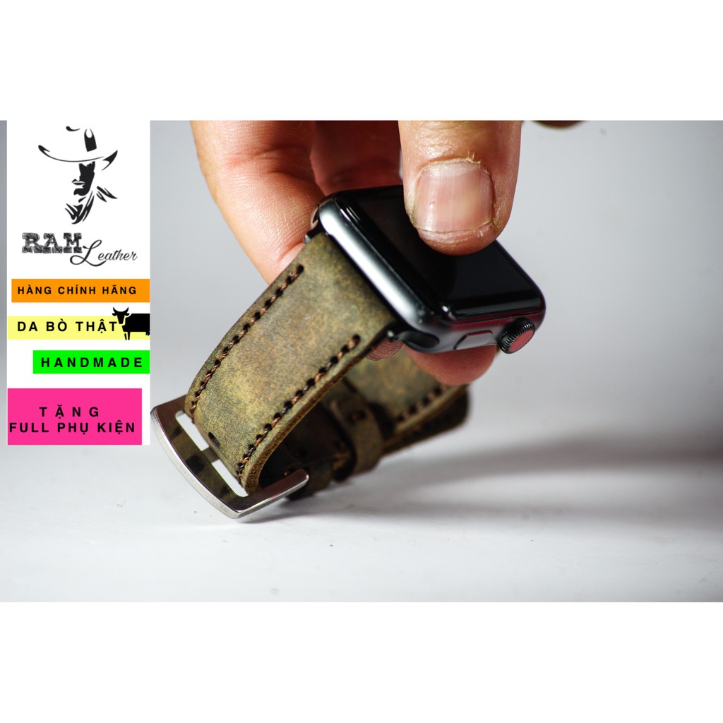 Dây đồng hồ da bò cao cấp màu quân đội RAM Leather - tặng khóa chốt và cây thay dây