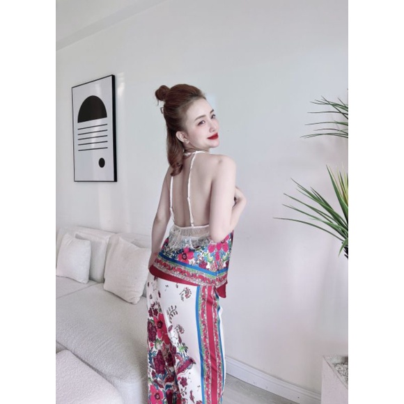 Bộ lụa Latin hai dây kiểu yếm, họa tiết in 3D, phối màu xinh xắn