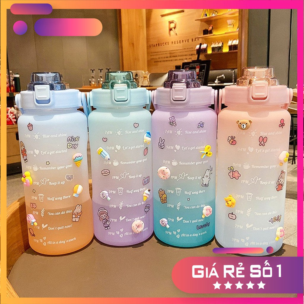 Tặng Sticker cute Bình nước 2 lít dành cho người lười uống nước bình nước cute 2L có ống hút, vạch chia nhắc giờ