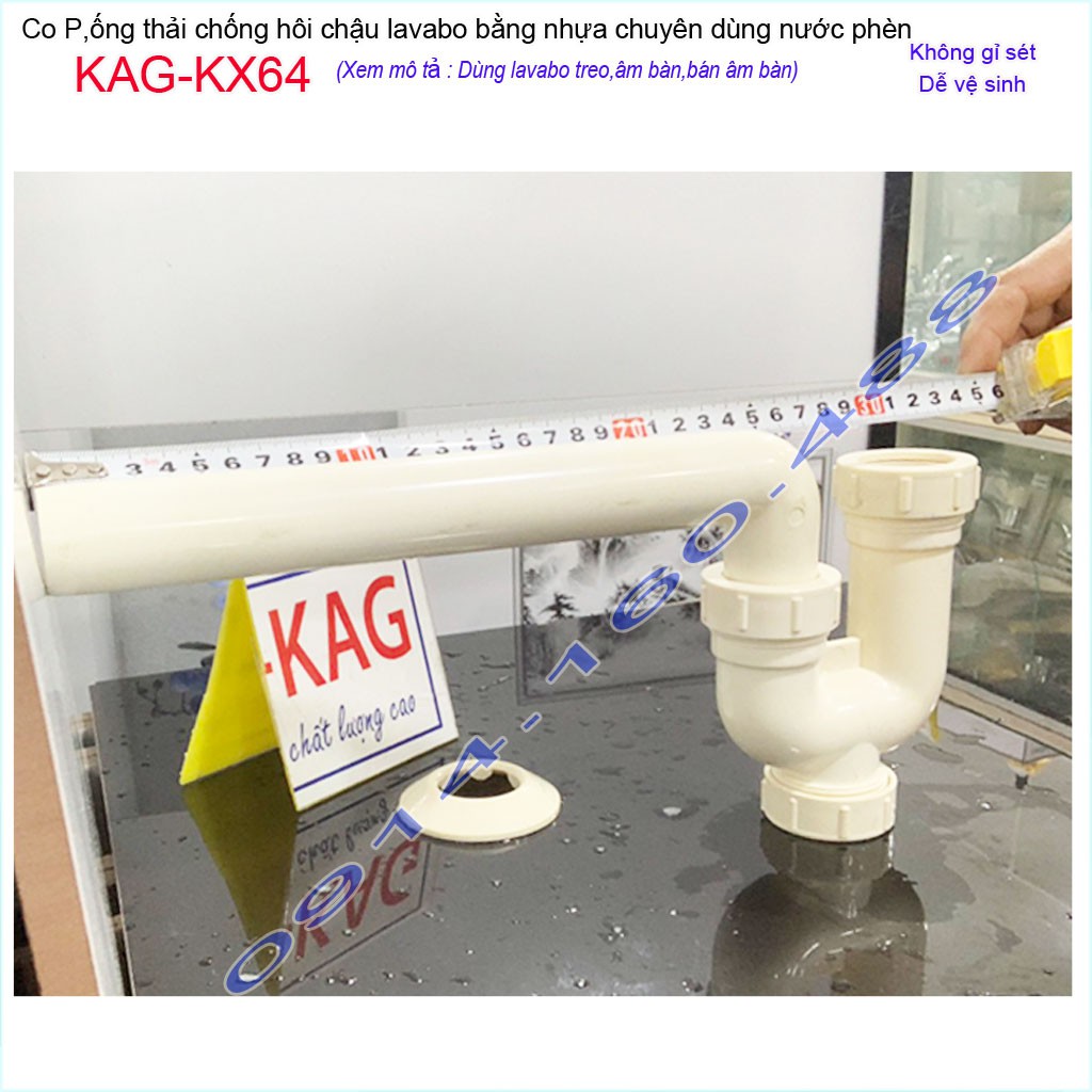 Ống thải lavabo KAG-KX64 nhựa 100%, ống xả co P chậu rửa mặt chống hôi có bầu lắng dễ vệ sinh không gỉ séc siêu bền