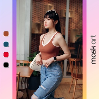 Áo croptop sát nách cổ tim Mask Art form ôm body chất thun bo gân dày dặn
