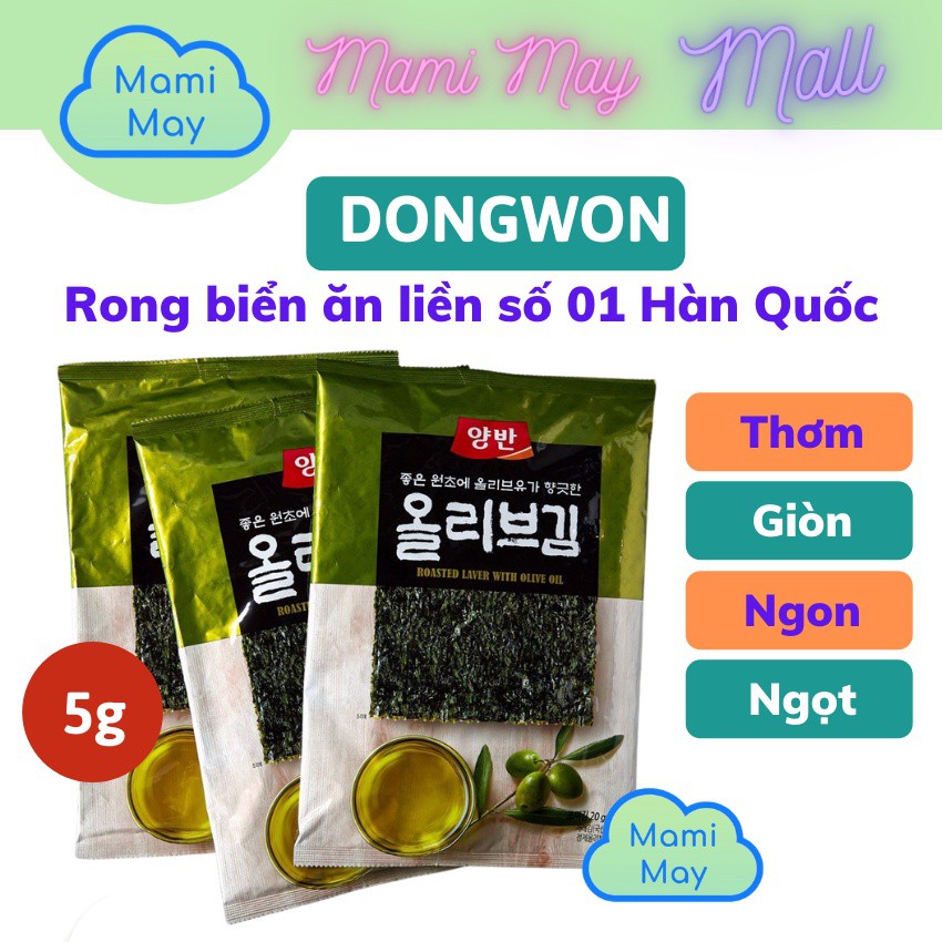 [Nhập khẩu] Rong biển lá kim ăn liền vị dầu ô liu số 01 Hàn Quốc - Dongwon ( Roasted laver with olive oil )