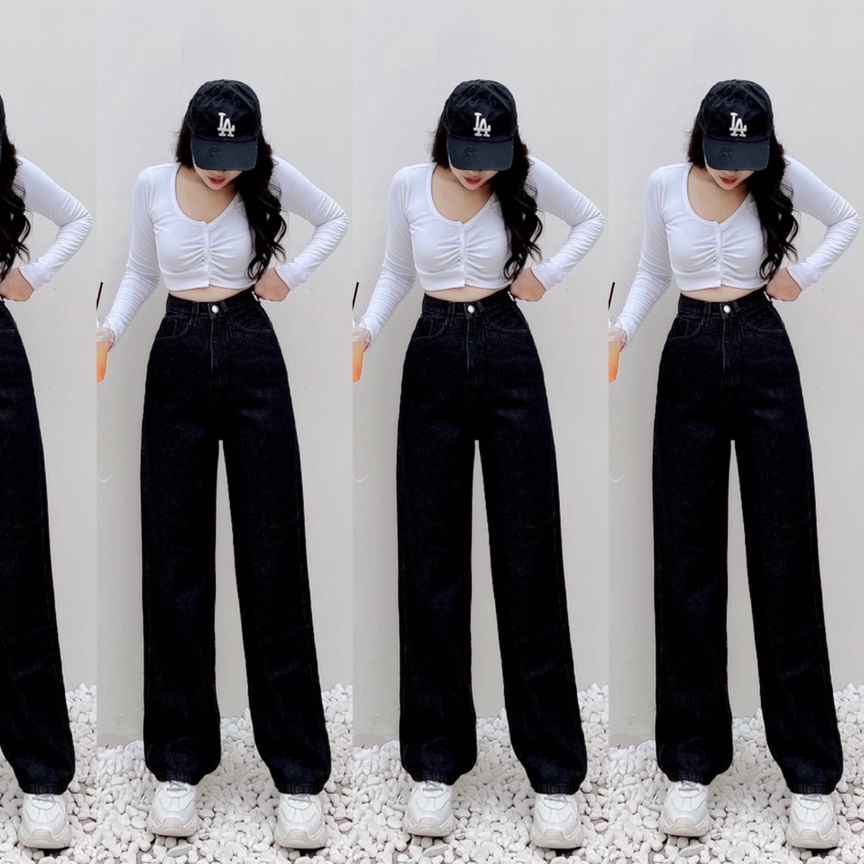 [ VUI ĐÙA ] QUẦN JEANS ỐNG RỘNG NỮ LƯNG CAO MÀU ĐEN LAI CUỐN VẢI DÀY DẶN CAO CẤP NITI SIÊU ĐẲNG CỰC CÁ TÍNH