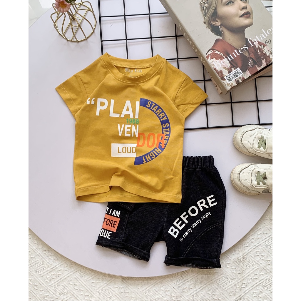 Set Đồ bộ bé trai Áo thun ngắn tay cotton 100% co giản 4 chiều in chữ Dor Quần short thun giả jean cho bé từ 8-36kg