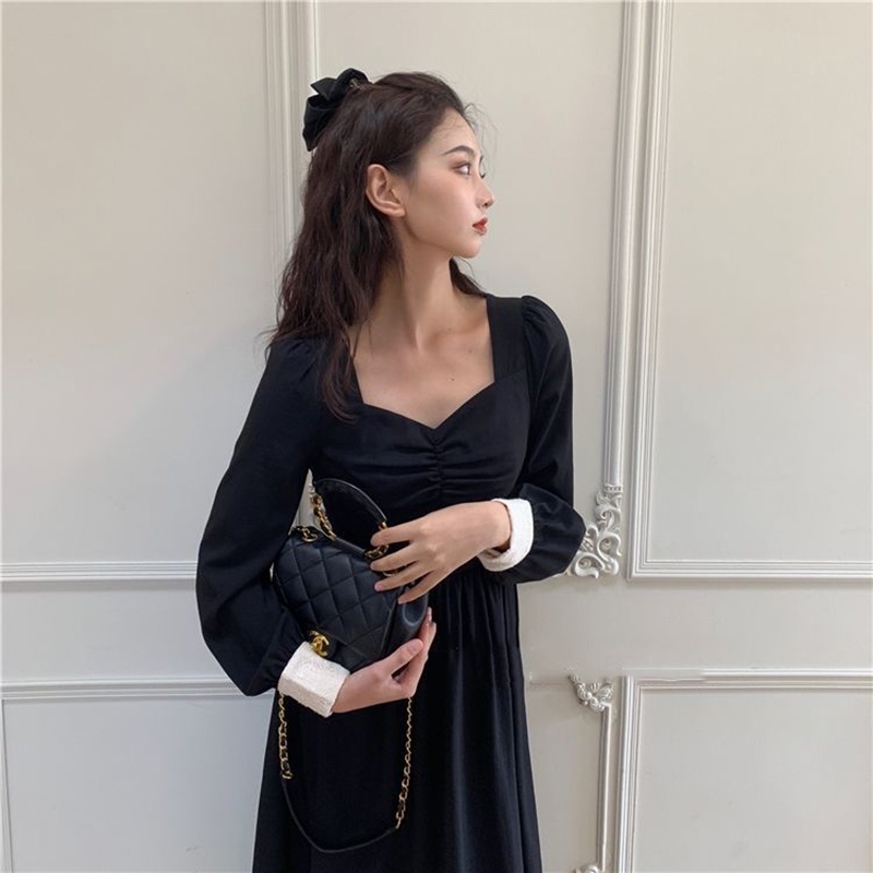 IELGY    Square Collar Stitching Hepburn Style Thin Women's Retro Dress
