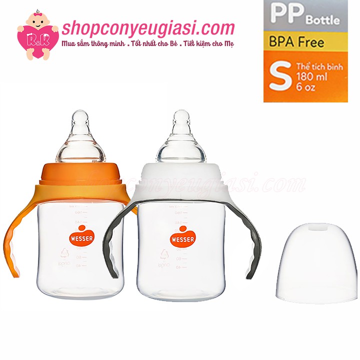 [Mẫu Mới] Bình Sữa Wesser PP Cổ Rộng 180ml - Kèm Núm Ti Size S, 0-3m