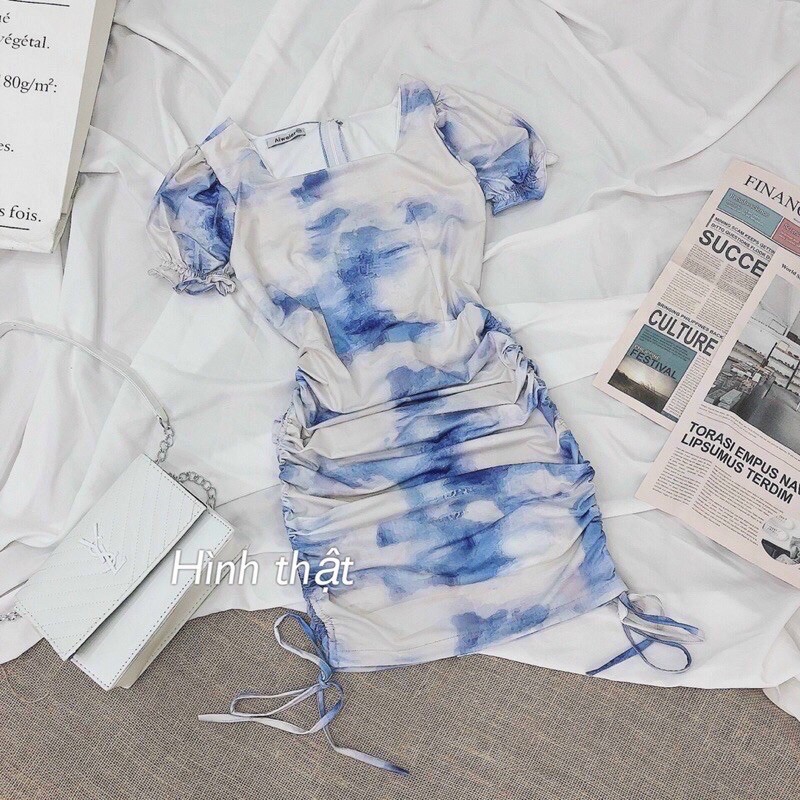 Free ship_Đầm body cổ U màu Loang xanh | BigBuy360 - bigbuy360.vn