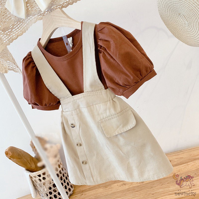 Set áo tay phồng kèm váy yếm phong cách Hàn Quốc thời trang mùa hè cho bé gái