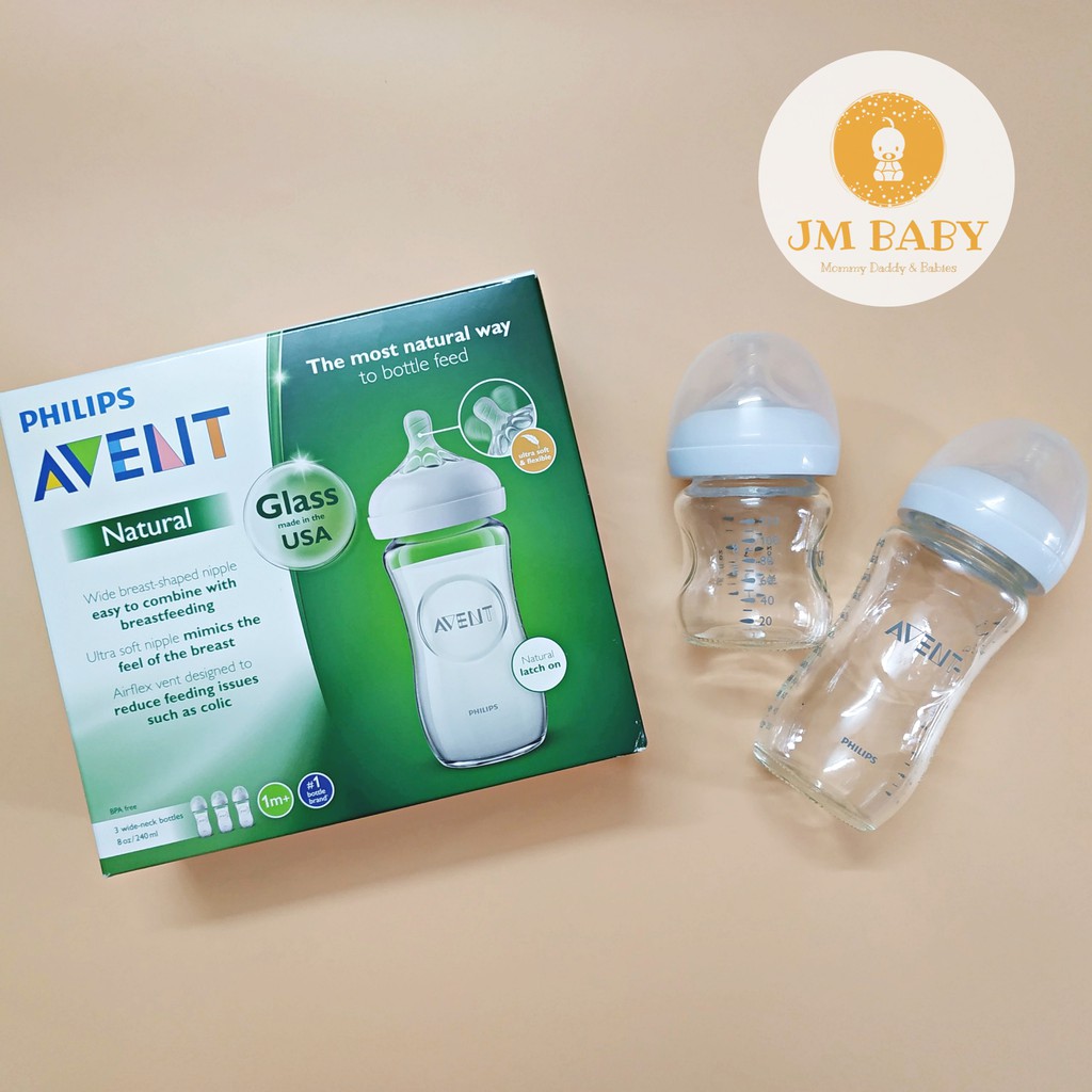 Bình sữa thủy tinh Avent Natural núm xoắn 120ml / 240ml tách set bản Mỹ