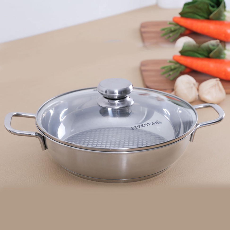 Chảo xào nấu lẩu đa năng Inox 3 đáy FIVESTAR 24cm vung kính, dùng được bếp từ , hồng ngoại , gas