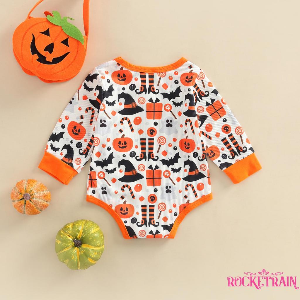 Áo Liền Quần Dài Tay Cổ Tròn Họa Tiết Bí Ngô Halloween Cho Bé