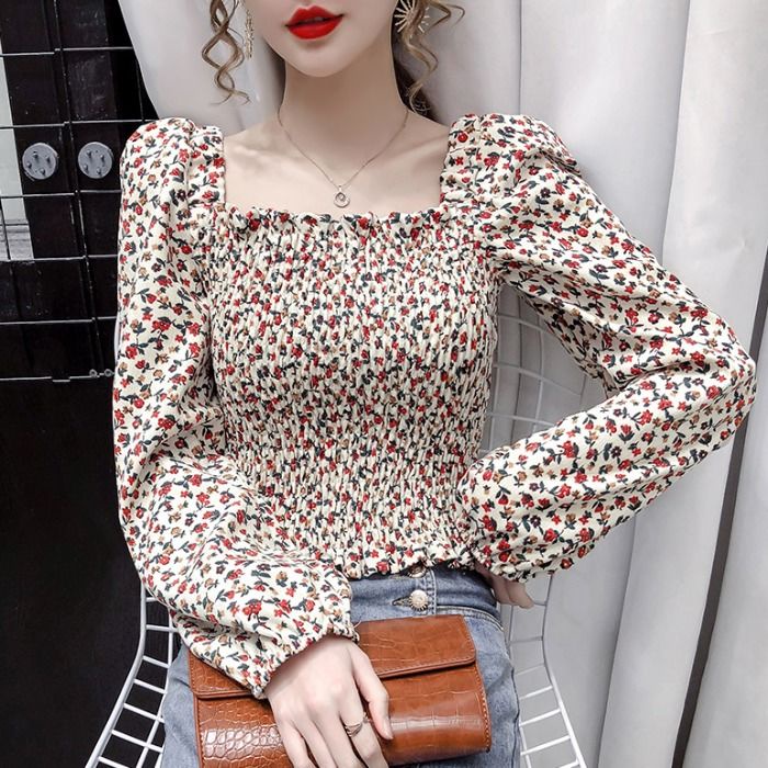 Áo Kiểu Tay Phồng In Hoa Thời Trang Hè Thu Cho Nữ
