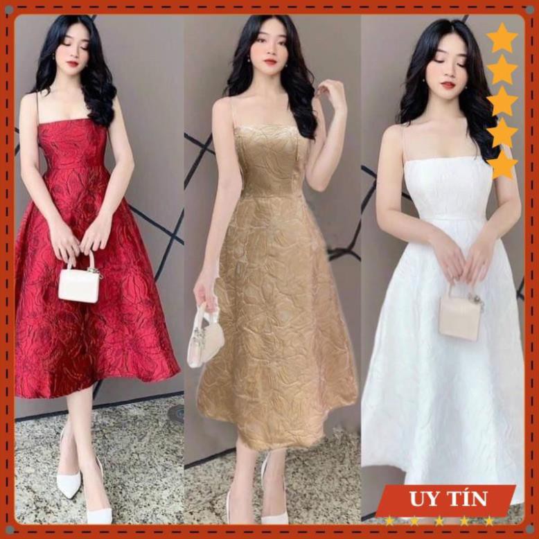 Đầm dự tiệc 2 dây gấm xinh xắn Eva_home_fashion