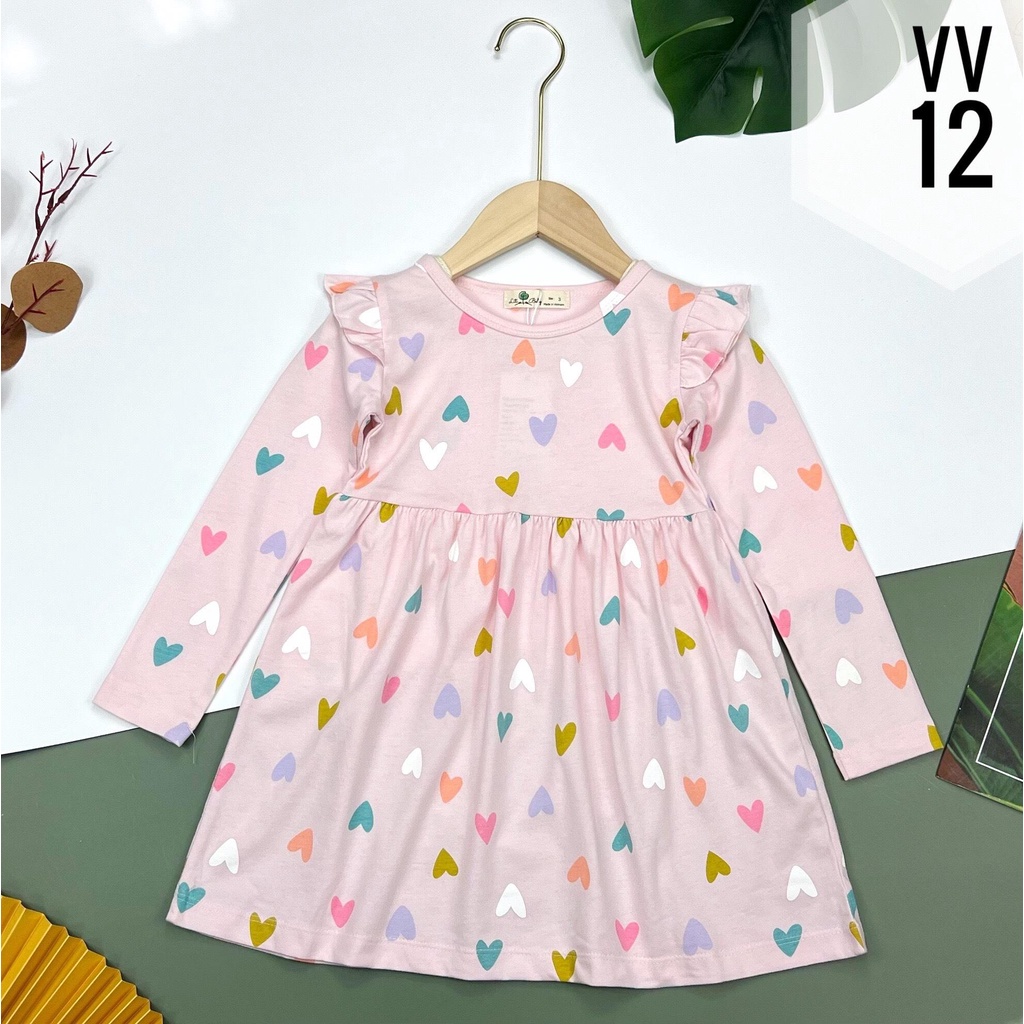 Váy bé gái dài tay LITIBABY, chất cotton, váy viền tay, size 3 - 12 tuổi
