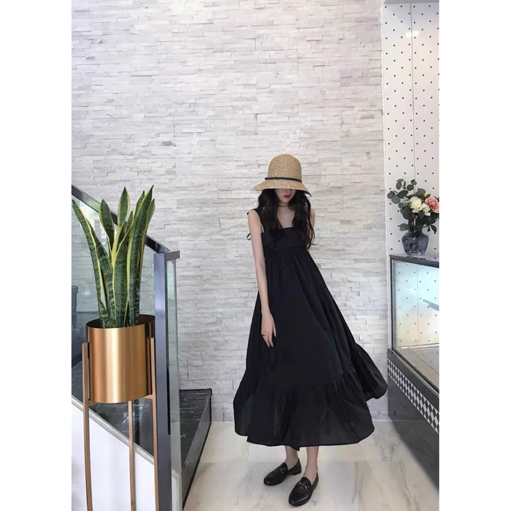 ĐẦM MIDI 2 DÂY ĐEN THẮT NƠ LƯNG ĐUÔI CÁ