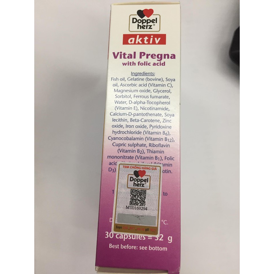 (Cam kết hàng Chính Hãng) Vital Pregna Doppel Herz - Bổ sung đầy đủ các Vitamin và Khoáng Chất cho mẹ bầu ( 30 Viên/Hộp)