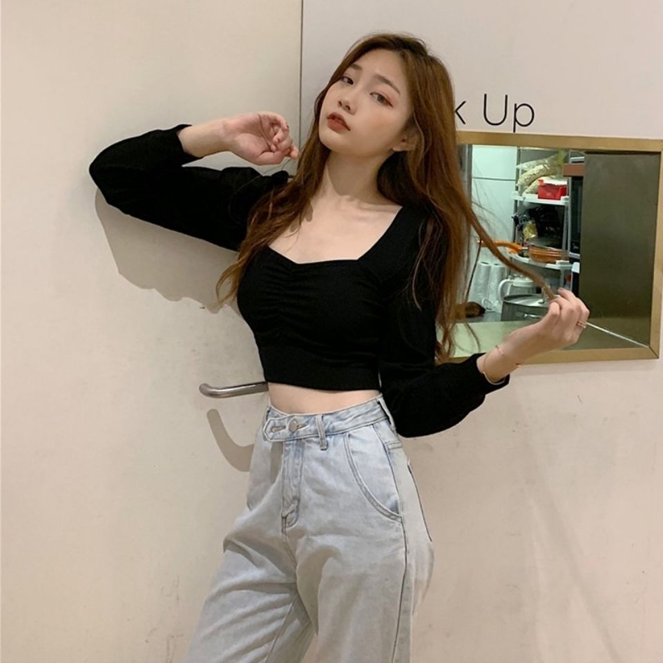UIOWOO  Áo croptop tay phồng dài cổ vuông phong cách vintage phương Tây cho nữ