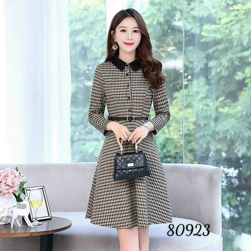 Đầm suông caro cổ bẻ cài nút tặng kèm dây nịt chất vải lụa 2 lớp lót thời trang nữ thanh lịch
