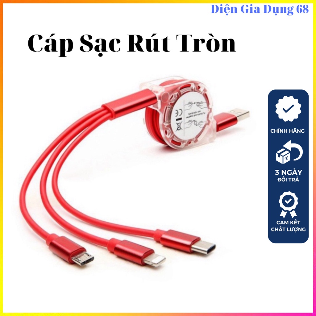 Cáp xạc nhanh rút tròn đa năng, dây xạc 3 đầu cao cấp siêu bền