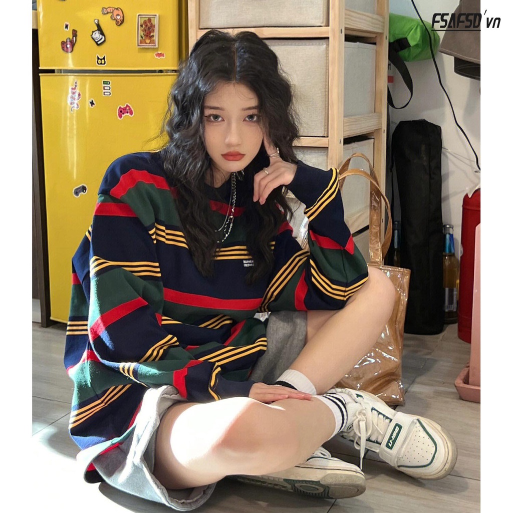 Áo Thun Tay Dài Dáng Rộng Họa Tiết Kẻ Sọc Phong Cách Retro Mỹ Thời Trang Cho Nữ