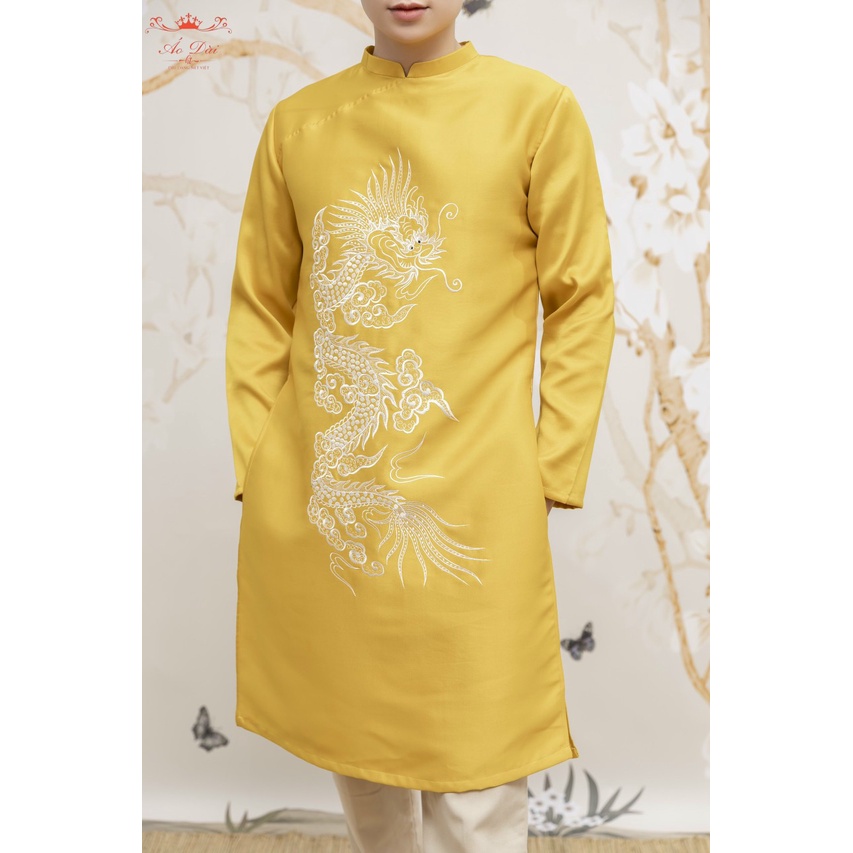 Áo dài cách tết 2023 Nam thêu rồng với3 gam màu xanh, vàng, đỏ  đứng dáng bảnh trai phù hợp du xuân