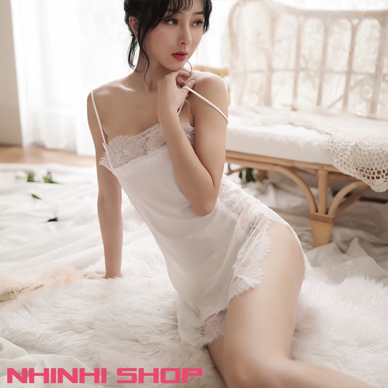 Váy ngủ sexy đồ ngủ gợi cảm lụa phối ren hai dây xuyên thấu cosplay tặng kèm quần chip quyến rũ DA23