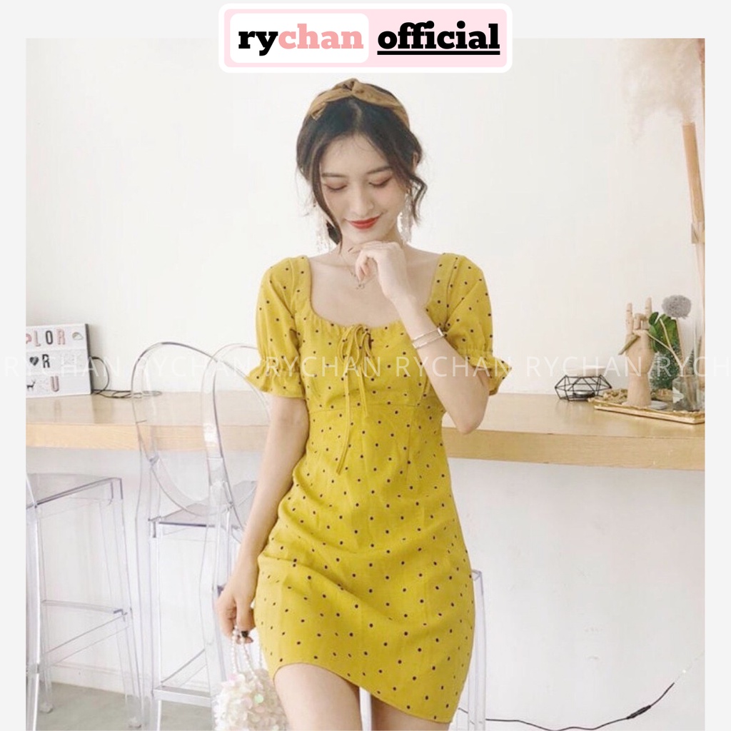 DX785 - Đầm Xòe Bi Vàng Cổ Vuông Tay Bèo