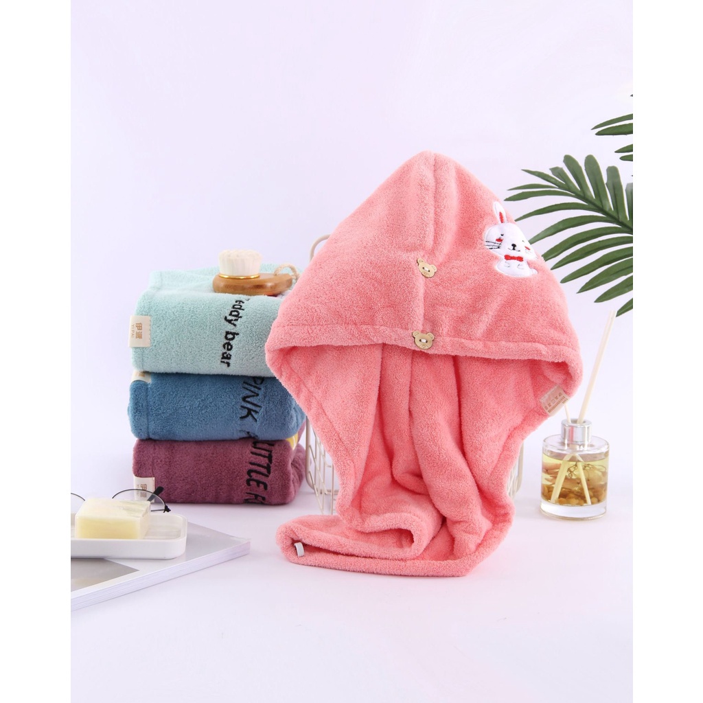 Khăn quấn ủ tóc nhanh khô siêu tốc chất liệu cotton 2 lớp mềm mại thấm hút tốt có nút cài