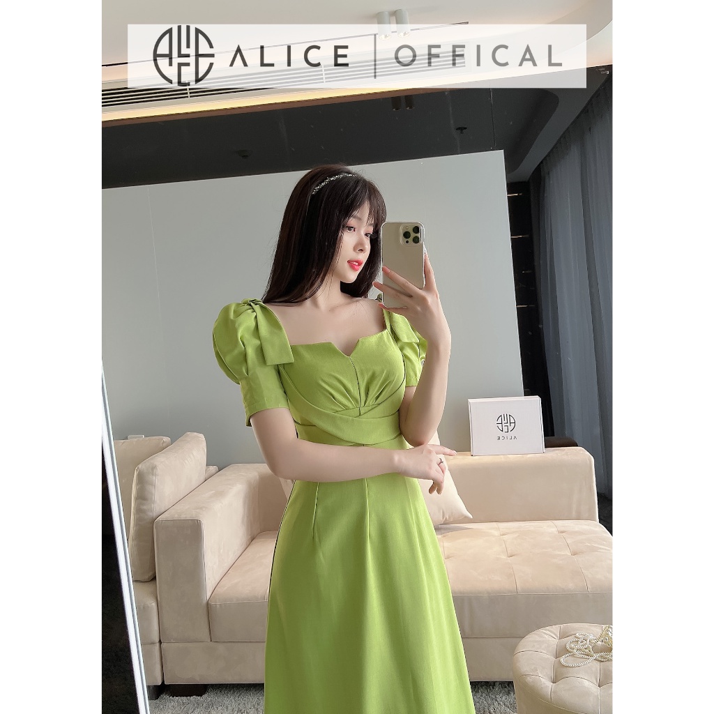Váy Công Sở Cổ Vuông ALICE Chất Vải Cao Cấp Váy Dáng Suông Eo Đai Chéo Tay Bồng V843